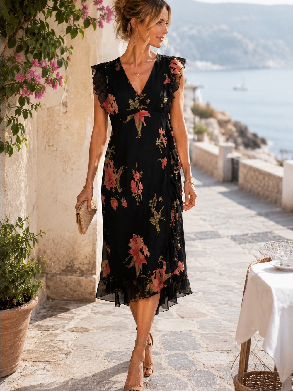 jonathan martin Black Floral Midi Dress with Pink & Green Blooms
